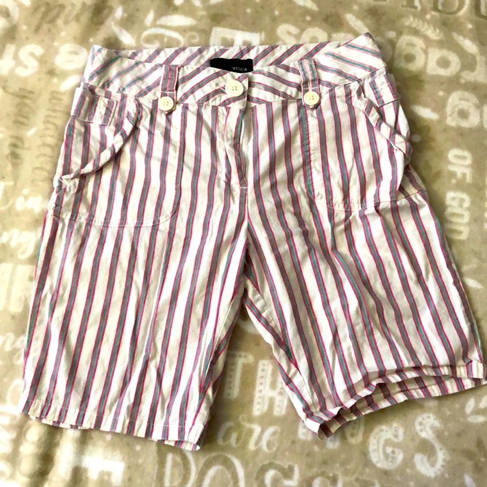White with pink and blue stripe mid thigh shorts